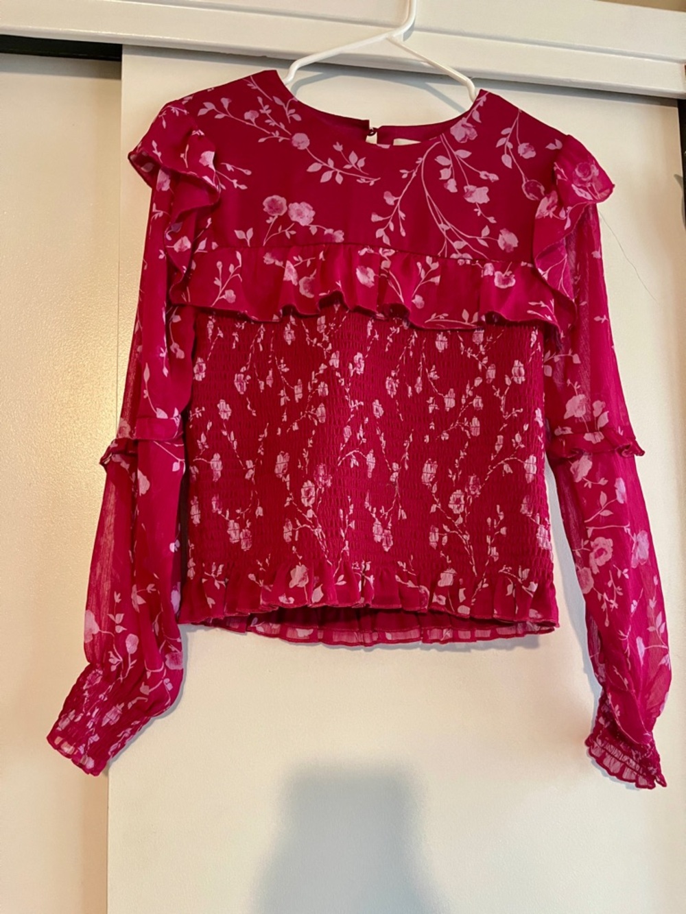 Wayf Fuchsia Floral Ruffle Smocked Blouse